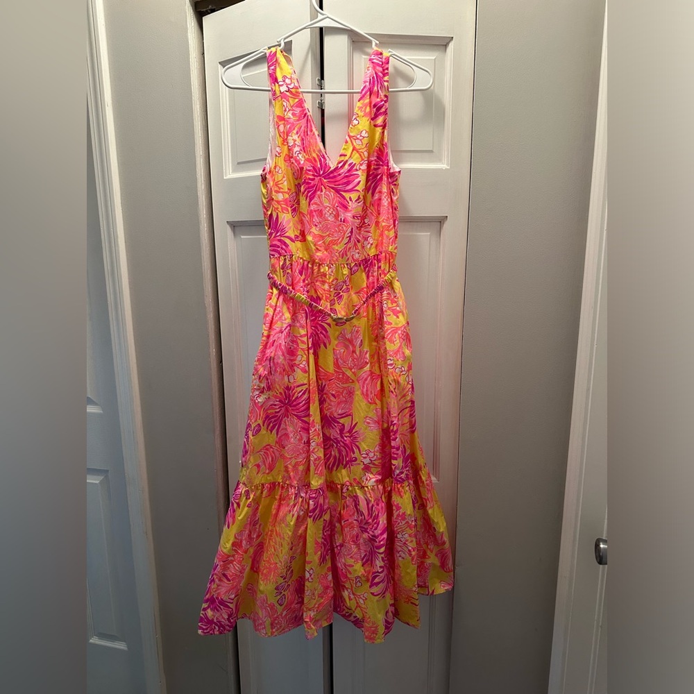 LILLY PULITZER BRI V NECK COTTON MIDI DRESS SIZE 6 CALLA YELLOW FLORAL CORAL EUC